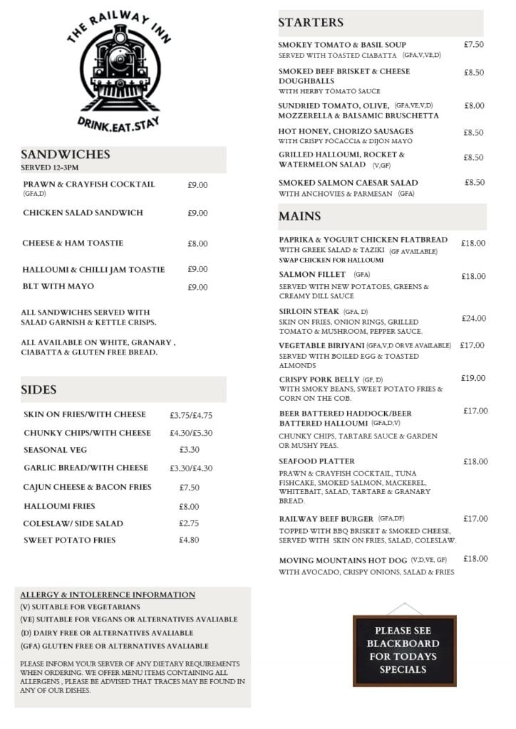 Main Menu | The Railway Inn – Pub Dining in Westerfield near Ipswich